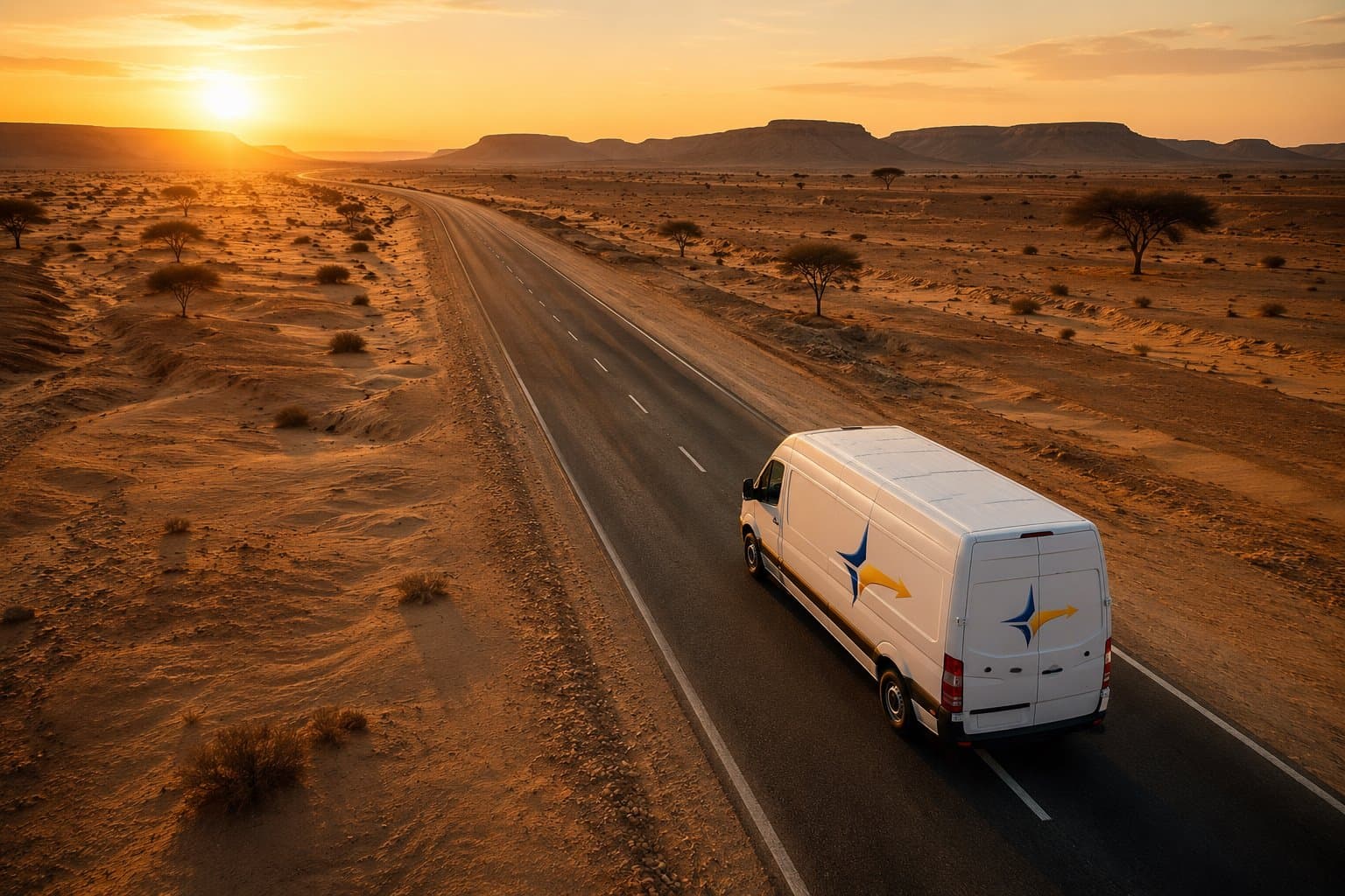 Fourgon Gaal-SN Express sur la route du désert vers Dakar